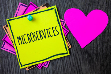 Handwriting text writing Microservices. Concept meaning Software development technique Decomposing an application Border sticky remember cards love heart pinned dark woody background.