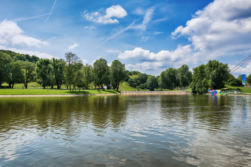 Naklejka premium Munich, Germany - June 09, 2018: The Olympiapark and lake in Munich, Germany