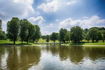 Naklejka premium Munich, Germany - June 09, 2018: The Olympiapark and lake in Munich, Germany