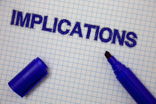Handwriting text Implications. Concept meaning Conclusion State of being involved Suggestion Insinuation Hint Squared notebook page ideas messages blue open marker grid background.