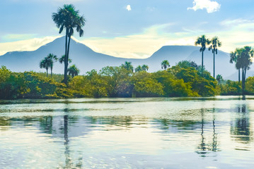 Carrao River in Canaima National Park with table mounts, Venezuela