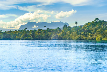 Carrao River and Auyan Tepui in the background, Canaima National Park, Venezuela