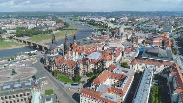 Establishing drone shot of cathedral and central square in Dresden, a city in Germany that was heavily bombarded in the Second World War