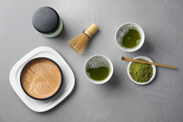 Obraz na płótnie Canvas Flat lay composition with matcha tea on table