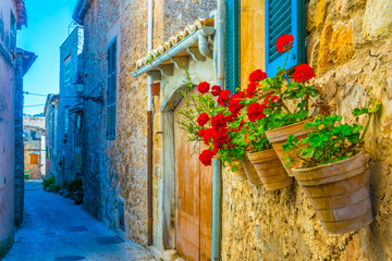 View of a narrow street in the spanish town Valldemossa at Mallorca