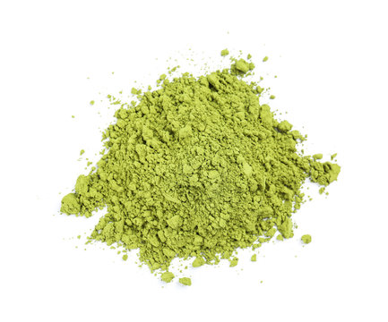 Powdered matcha tea on white background