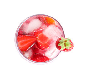 Glass of natural lemonade with berries on white background, top view