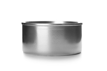 Mockup of tin can with food on white background