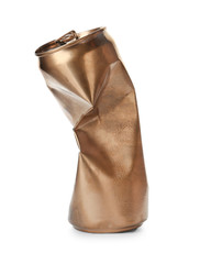 Empty crumpled aluminum can on white background. Metal waste recycling