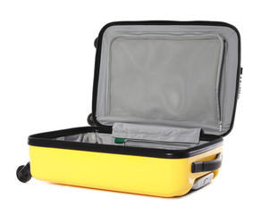 Open bright yellow suitcase on white background