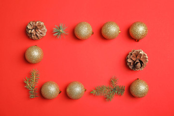Flat lay Christmas composition with festive decor on color background