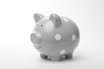Cute piggy bank on white background. Money saving