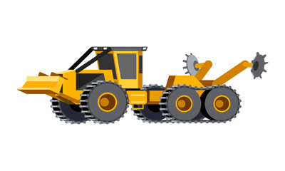 Naklejka premium Minimalistic icon scarifier. Scarifier mounted on 6x6 articulated vehicle. Scarifiers are efficiently preparing the soil for planting. Modern vector isolated illustration.