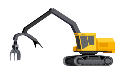 Minimalistic icon shovel loader. Tracked shovel log loader vehicle for worknig at forest area for sorting and loading wood pile. Modern vector isolated illustration.