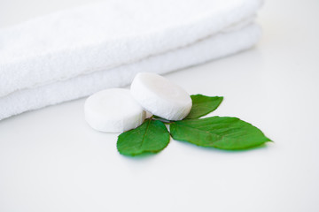 Wellness Products and Cosmetics. Bath-day Ingredients For Spa Treatments Soap on White Background.
