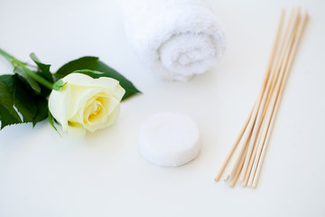 Wellness Products and Cosmetics. Bath-day Ingredients For Spa Treatments Soap on White Background.