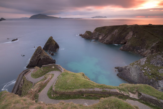 Sunset on Dunquin pier (Dun Chaoin), Dingle Peninsula, County Kerry, Munster province, Republic of Ireland