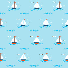 Yacht with waves seamless pattern on blue background