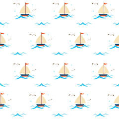 Yacht with waves seamless pattern on white background