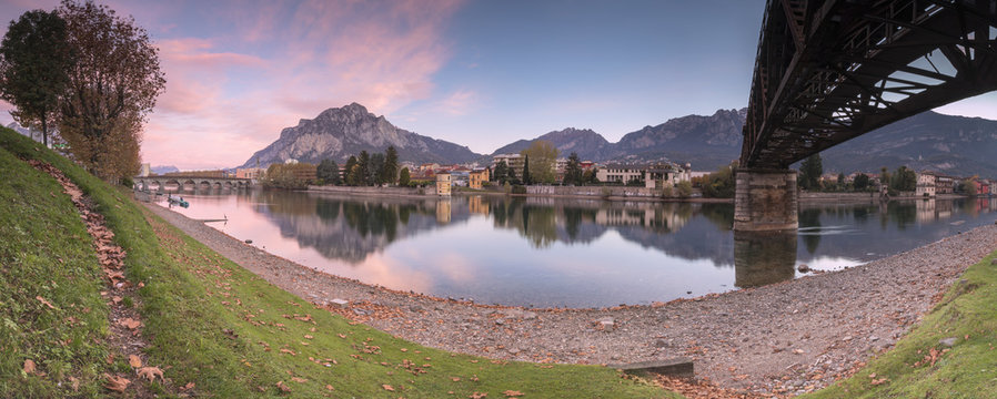 Panoramic of River Adda with Lecco in background, Lombardy