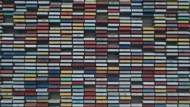 Static overhead view of pattern of containers in commercial Port of Hamburg in Germany