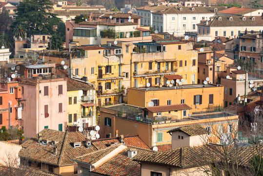 Old colourful residential housing seen from Janiculum Hill, Rome, Lazio
