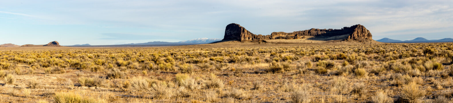 A panorama of sagebrush and rock formations in front of mountains, Oregon
