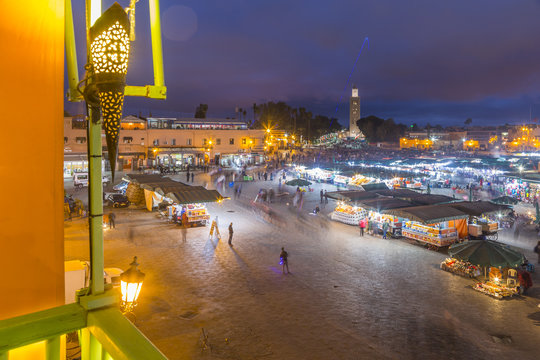 View of Jemaa el Fna (Djemaa el Fnaa) Square and Koutoubia Mosque at night, Marrakesh (Marrakech), Morocco