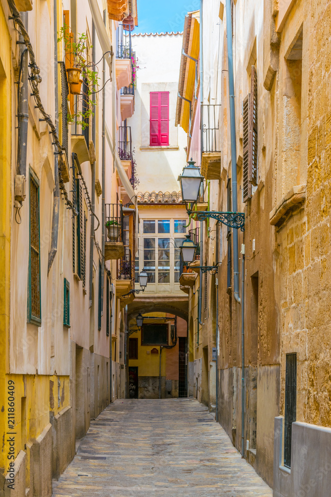 Wall mural View of a narrow street in the historical center of Palma de Mallorca, Spain