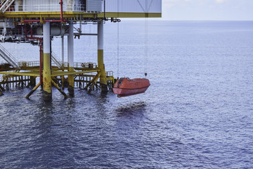 Fototapeta na wymiar Offshore oil and gas platform test drive lifeboat. To ready at all times.