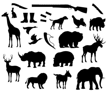 Vector animals silhouette isolated icons for hunt