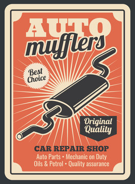 Car auto muffler parts store vector retro poster