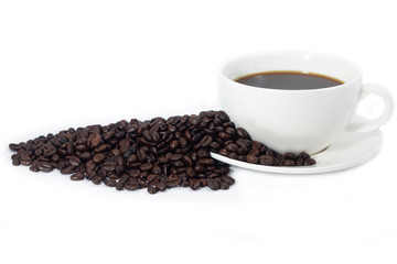 beverage concept of coffee beans heap with white cup and saucer . black and brown color seeds isolated white background . 