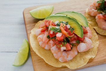 Tostadas de camaron Mexicanas, shrimps tostada, mexican food in mexico, sea foods