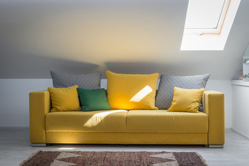Living room interior, loft apartment, attic renovation