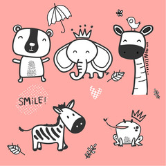 doodle cute wild animal character, zebra, elephant, bear, fog and giraffe on pink background