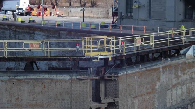 Static shot showing the top of the Welland canal Lock door. Part of the Welland canal lock system and twin flight locks at Lock 7 in Thorold, ontario.