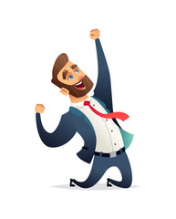 Successful charming businessman character celebrates victor. Business men rejoice in success.