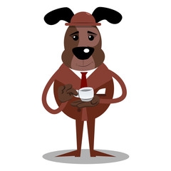 Cartoon illustrated business dog holding a cup of coffee.