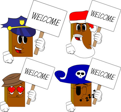 Books holding a banner with welcome text. Cartoon book collection with costume faces. Expressions vector set.