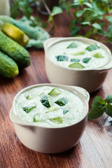 Cold cucumber soup with cucumber, dill and mint