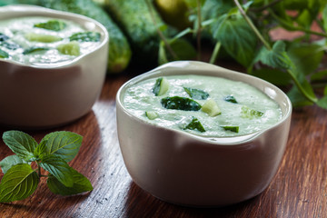 Cold cucumber soup with cucumber, dill and mint