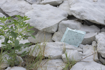 styrofoam lid litter stuck in rocks