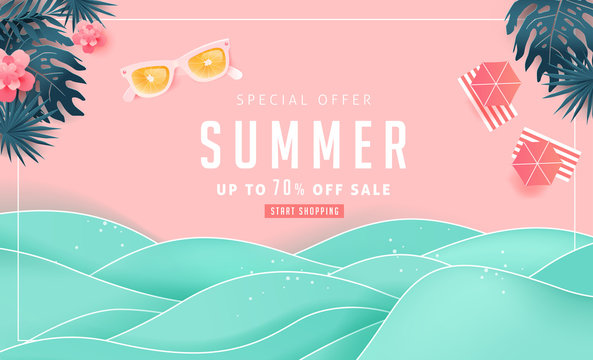 Summer sale design with paper cut tropical beach bright Color background layout banners .Orange sunglasses concept.voucher discount.Vector illustration template.