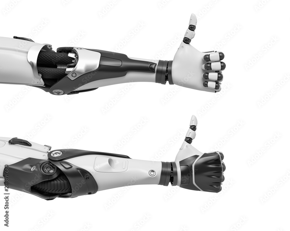Poster 3d rendering of two robot arms with hand fingers in thumbs-up gesture of approval.
