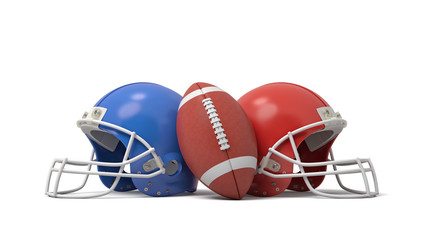 3d rendering of an oval American football ball between two helmets of different colors.
