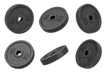 3d rendering of many isolated black 15 kg barbell weights hanging on a white background turned to different sides.