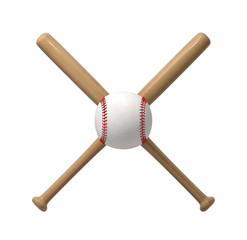 3d rendering of a huge white baseball with red stitches right in the middle of the cross made by two wooden bats.