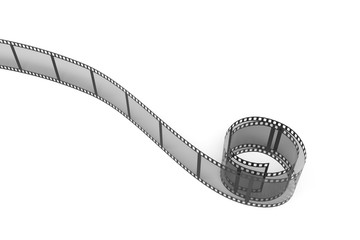 3d rendering of a single film strip arranged in turns and bends on white background.