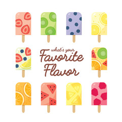 Set of various fresh homemade fruit popsicles isolated on white background. Healthy summer ice pop.